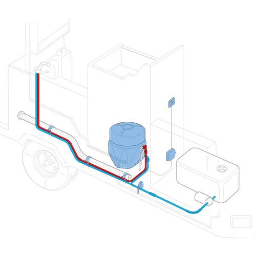 Installatieschema op de vloer van het voertuig met de koud- en warmwaterleidingen