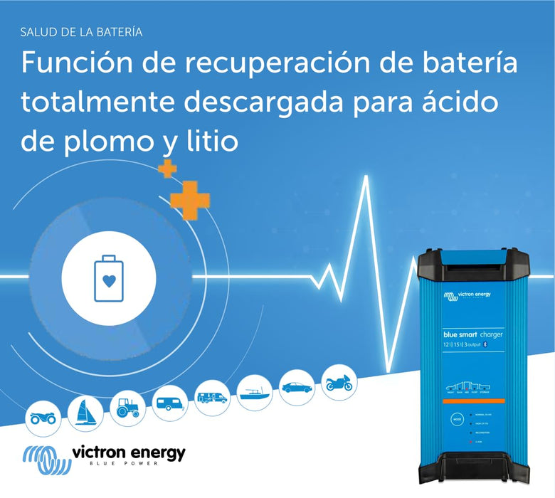 Victron Energy Blue Smart IP22 – Cargador de Batería 12 V / 15 A, 230 V, 3 Salidas, con Bluetooth (CEE 7/7)