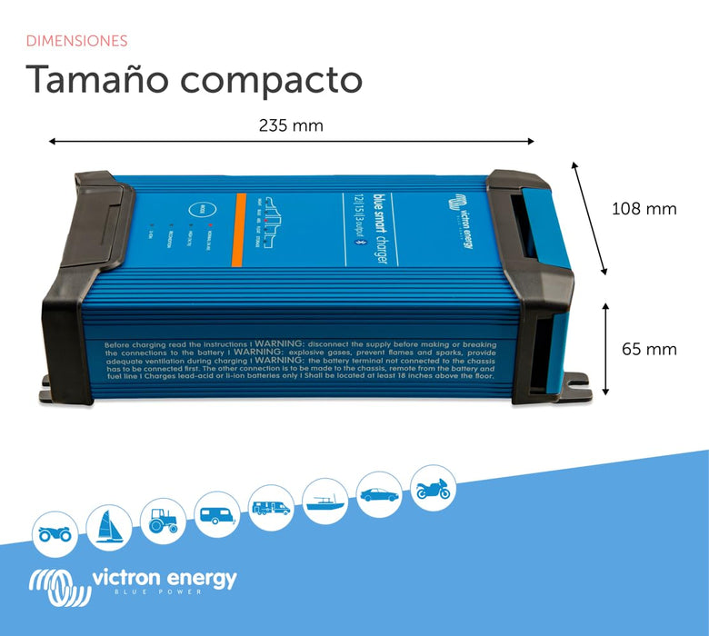 Victron Energy Blue Smart IP22 – Cargador de Batería 12 V / 15 A, 230 V, 3 Salidas, con Bluetooth (CEE 7/7)