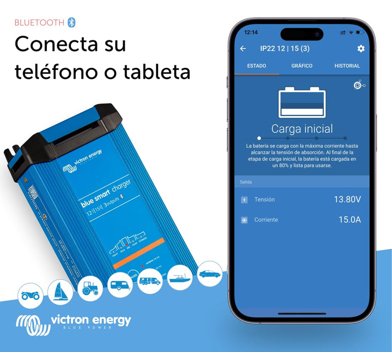 Victron Energy Blue Smart IP22 – Cargador de Batería 12 V / 15 A, 230 V, 3 Salidas, con Bluetooth (CEE 7/7)