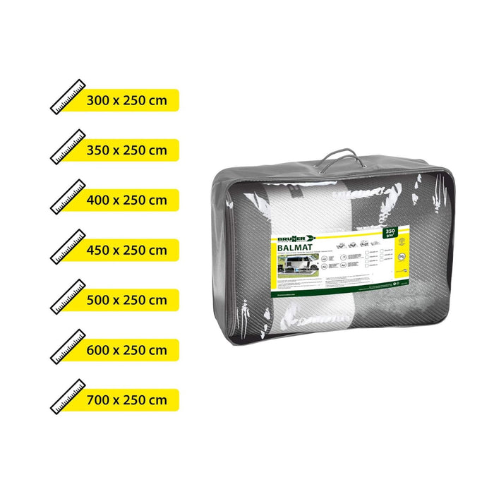 Alfombra Brunner Balmat Premium en funda de transporte con listado de medidas disponibles
