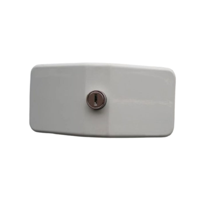 Bloqueador de puerta Thule Door Frame Lock instalado en autocaravana, vista frontal del cierre