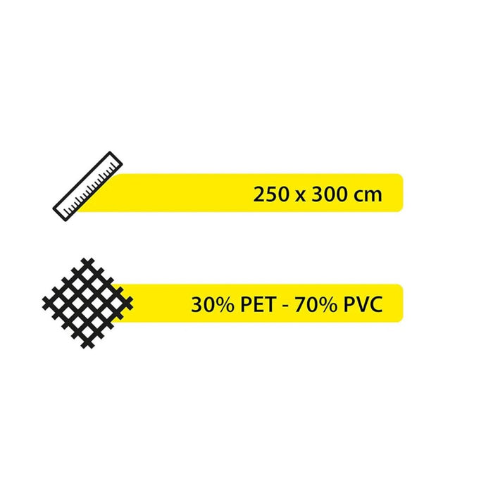 Dimensiones 250 x 300 cm y composición 30% PET y 70% PVC de la alfombra BRUNNER Kinetic Veranda 600