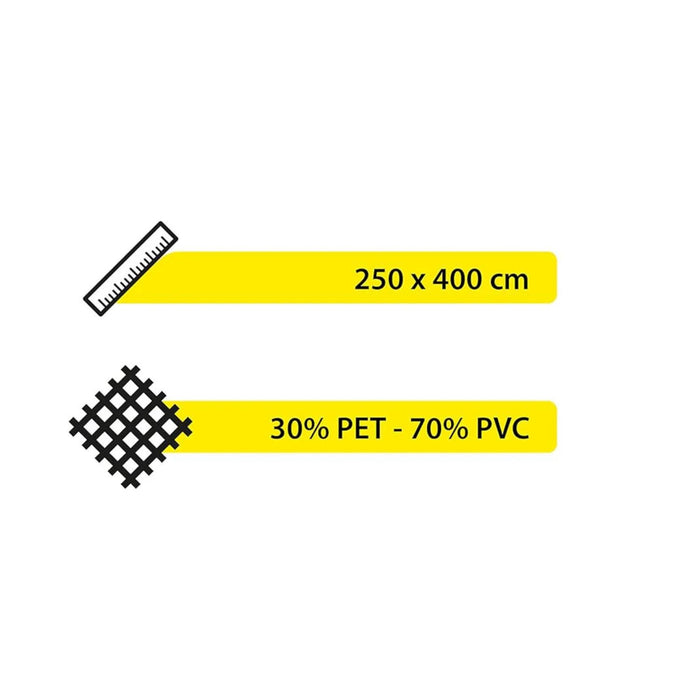 Dimensiones 250 x 400 cm y composición 30% PET y 70% PVC de la alfombra BRUNNER Kinetic Veranda 