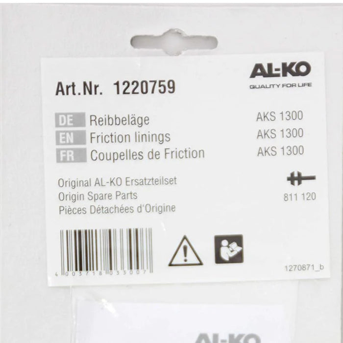 Etiqueta AL-KO pastillas de fricción 1300 referencia AKS 1300 código identificativo producto
