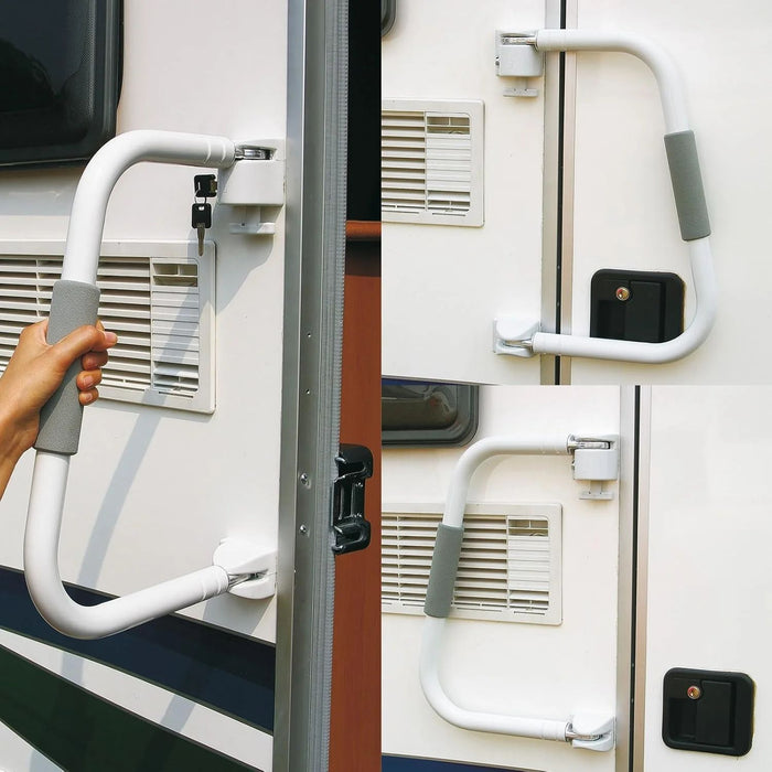 Asa de seguridad Fiamma Security 31 instalada en varias posiciones en la puerta de autocaravana