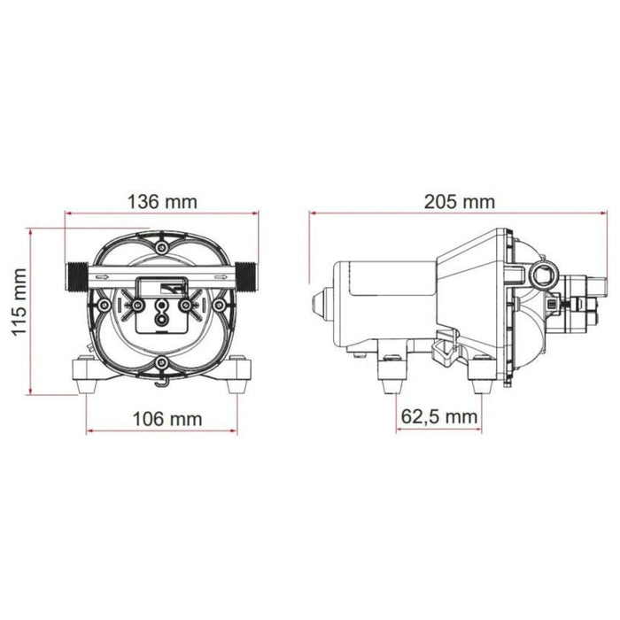 Esquema técnico con las dimensiones de la bomba Fiamma Aqua 8F 12V / 10 L