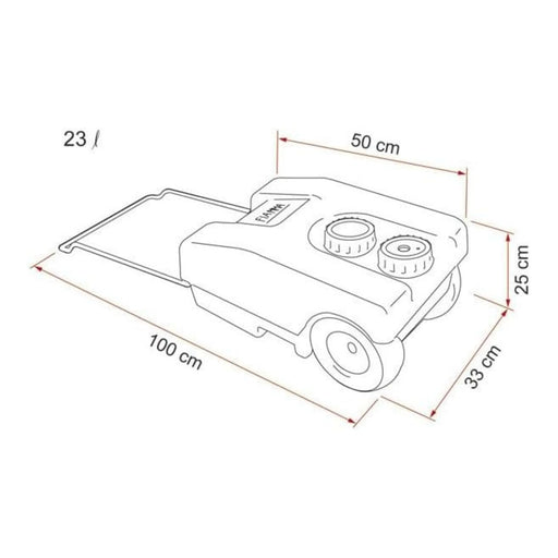 Plano con medidas del depósito Fiamma Roll Tank 23 para caravana y autocaravana