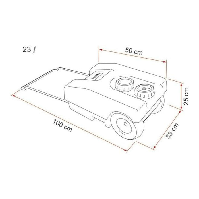 Plano con medidas del depósito Fiamma Roll Tank 23 para caravana y autocaravana