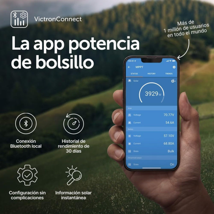 Interfaz de la aplicación VictronConnect en un smartphone monitoreando el rendimiento del regulador MPPT