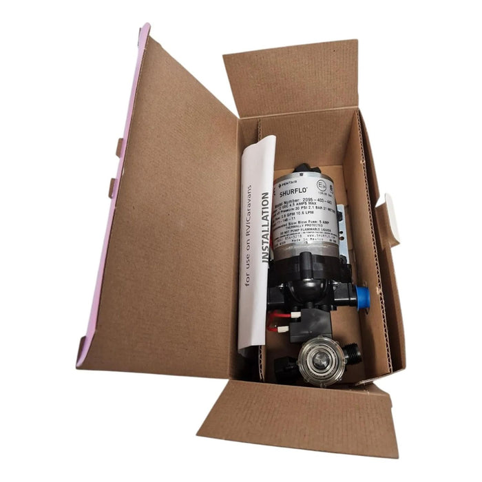 Presentación de la bomba Shurflo 12V dentro de la caja original