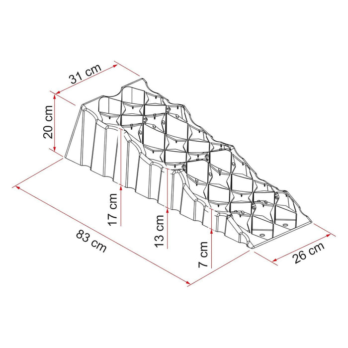 Medidas del calzo Fiamma Level Up Premium con niveles de altura y dimensiones (83 x 26 x 20 cm aprox.)