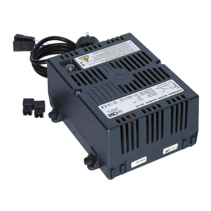 Primer plano del cargador de batería fijo 10A CBE 510 mostrando detalles del dispositivo