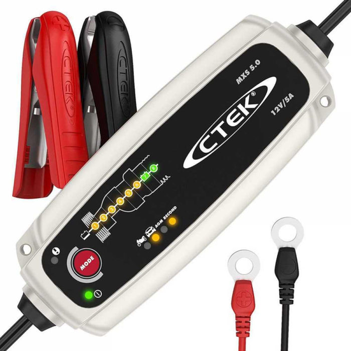 Cargador CTEK MXS 5.0 con accesorios de conexión rápida y pinzas para batería