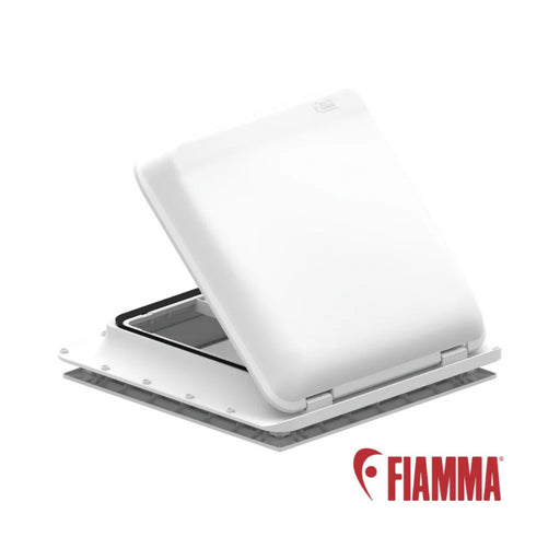 Claraboya Fiamma Vent 40 Blanca abierta mostrando sistema de apertura y marco