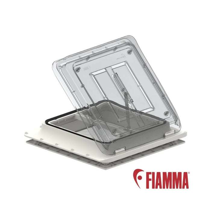 Claraboya Fiamma Vent 40 Cristal abierta mostrando sistema de apertura y marco