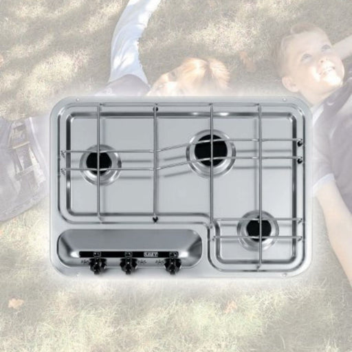 Cocina de gas SMEV modelo 913 con tres fuegos en acero inoxidable, ideal para autocaravanas y campers