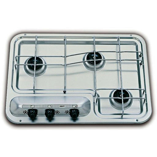 Vista superior de la cocina SMEV 913 en acero inoxidable con 3 quemadores de gas para caravana