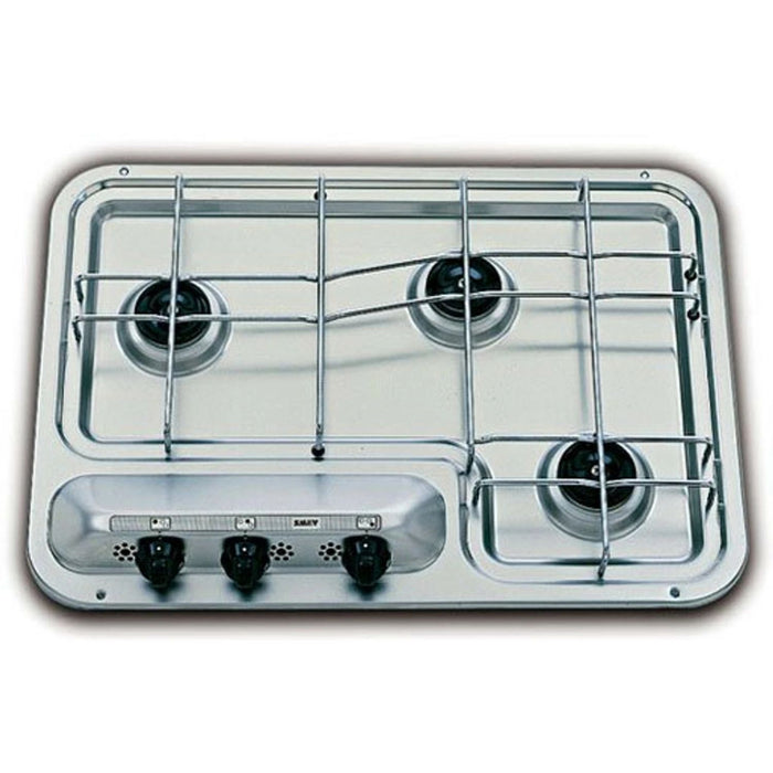 Vista superior de la cocina SMEV 913 en acero inoxidable con 3 quemadores de gas para caravana