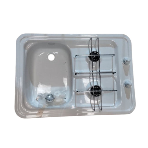 Cocina Smev 958 blanca con dos fuegos y fregadero integrado, ideal para caravanas o campers