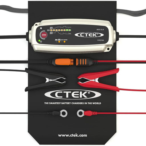 Cargador CTEK MXS 5.0 con cables, pinzas y conectores para batería de 12V