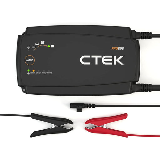 Vista superior del cargador de batería CTEK PRO 25S con indicadores LED y modos de carga