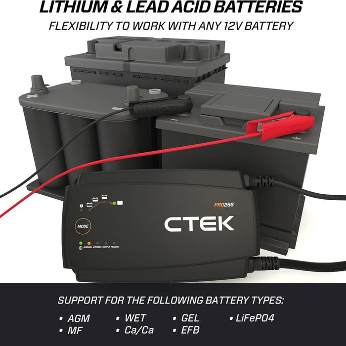Cargador CTEK PRO 25S compatible con baterías de litio y plomo AGM GEL EFB 12V