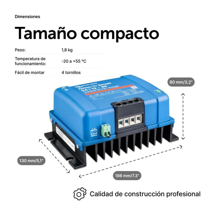 Dimensiones del cargador Victron Orion-Tr 24/12V 30A con medidas detalladas del producto