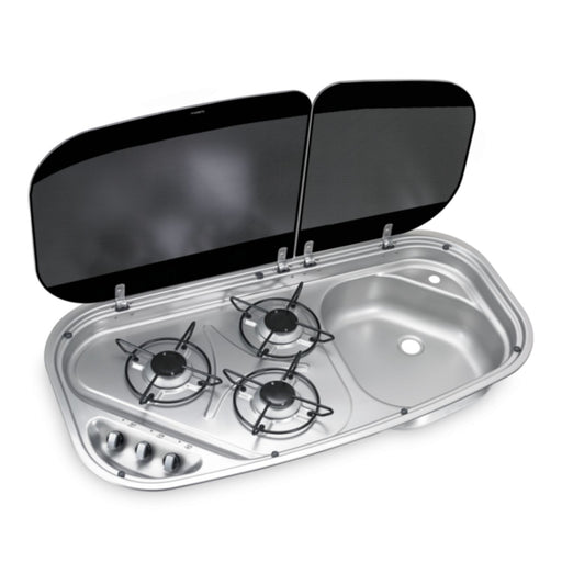 Vista superior del combinado de cocina DOMETIC HSG 3436 con 3 fuegos y fregadero integrado