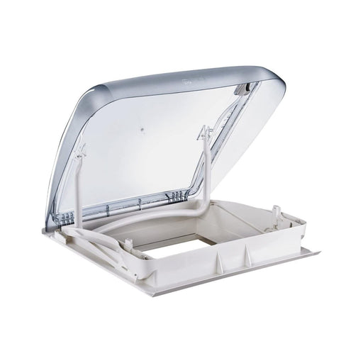 Claraboya Dometic Mini Heki 43–60 mm abierta con cúpula transparente, vista del conjunto