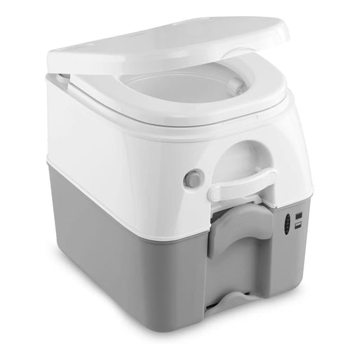 Sanitario portátil Dometic WC 976 con la tapa abierta, color blanco y gris