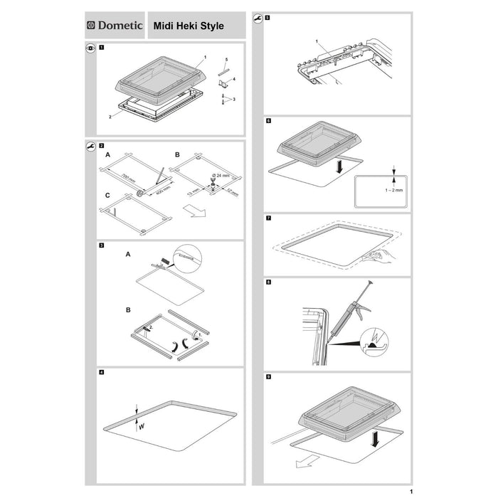 Diagrama de instalación paso a paso de la claraboya Dometic Mini Heki 500x700 mm
