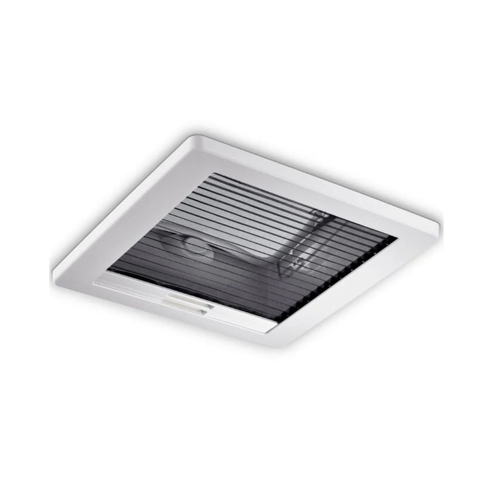 Claraboya Dometic Mini Heki Style abierta mostrando sistema de bisagras.