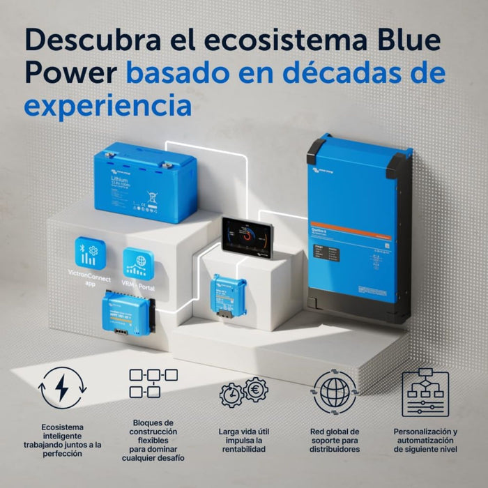 Ecosistema completo Victron Blue Power con inversor Quattro-II, controladores MPPT, batería de litio y pantalla de control.