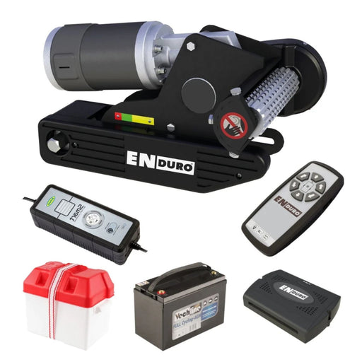 Pack completo del sistema de maniobra semiautomático Enduro EM203 con motor, batería, mando y accesorios.