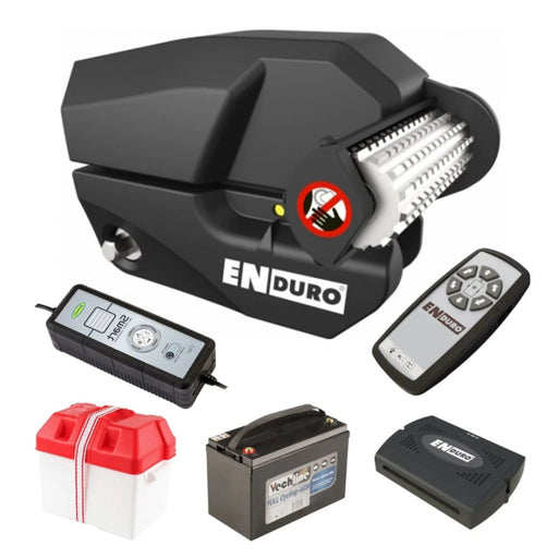 Pack completo del sistema de maniobra semiautomático Enduro EM303+ con motor, batería, mando y accesorios.