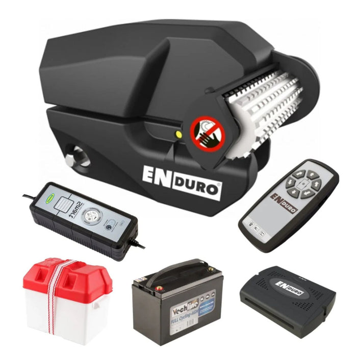Pack completo del sistema de maniobra semiautomático Enduro EM303+ con motor, batería, mando y accesorios.
