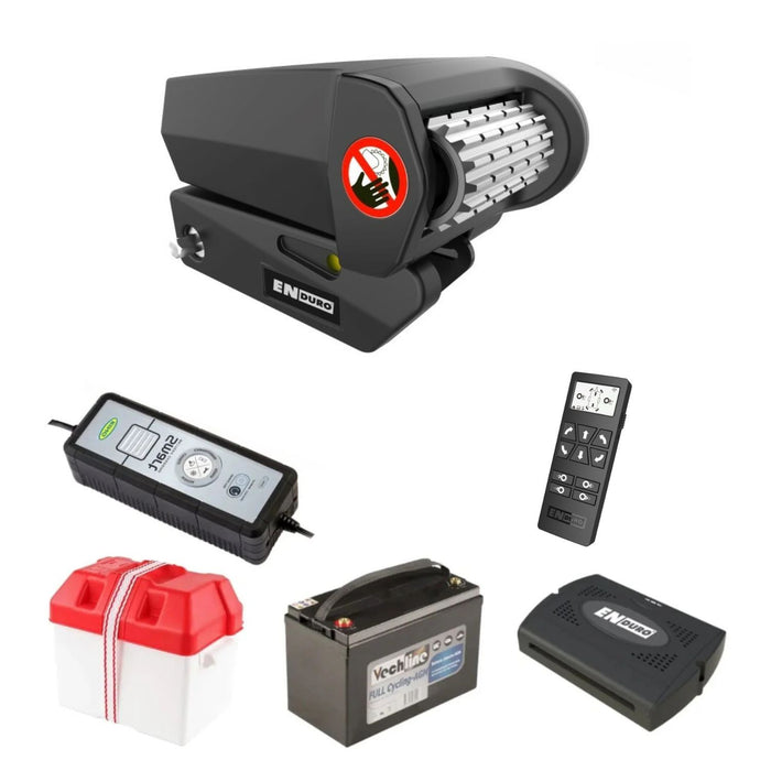 Pack completo del sistema de maniobra semiautomático Enduro EM313 con motor, batería, mando y accesorios.