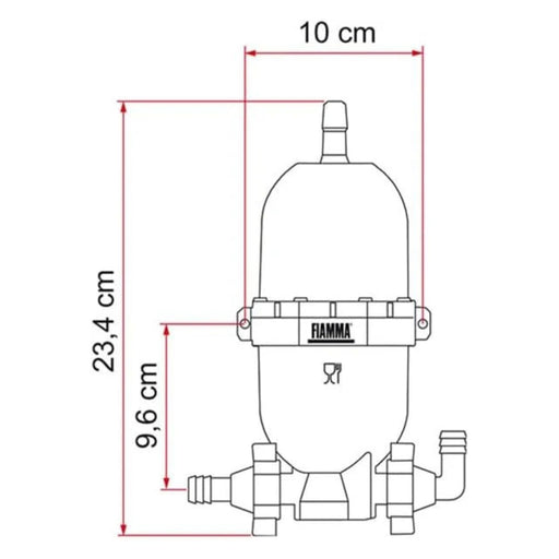 Plano lateral con dimensiones del vaso de expansión universal Fiamma A20 para sistemas de agua en caravanas y campers