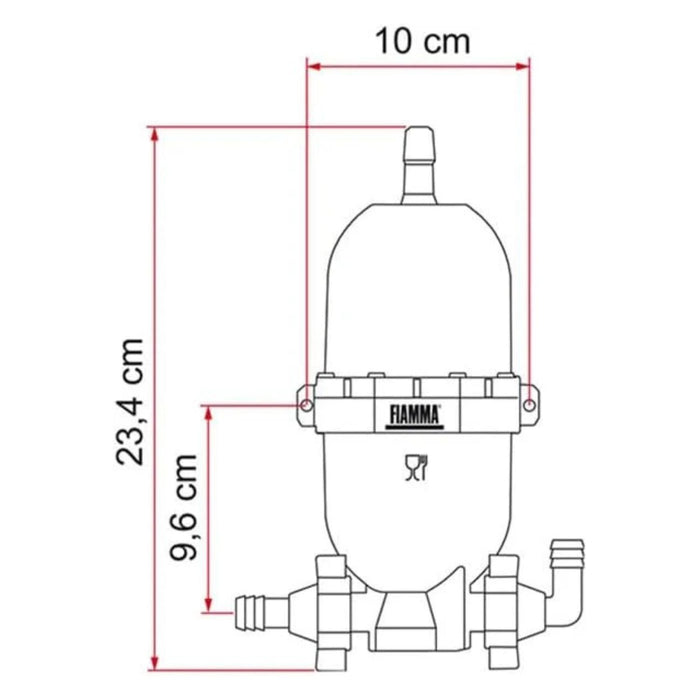 Plano lateral con dimensiones del vaso de expansión universal Fiamma A20 para sistemas de agua en caravanas y campers