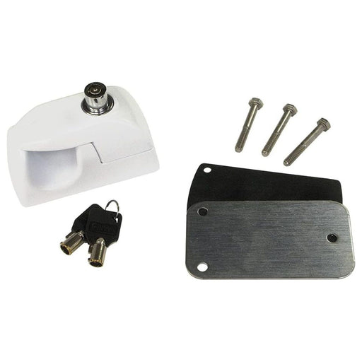 Componentes incluidos del Fiamma Kit Security Lock con cerradura, llaves y tornillería