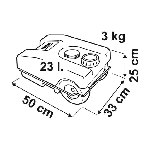 Esquema técnico del depósito Fiamma Roll Tank 23W con medidas y capacidad de 23 litros