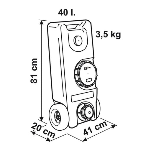 Esquema técnico del Fiamma Roll Tank 40F con medidas y capacidad de 40 litros