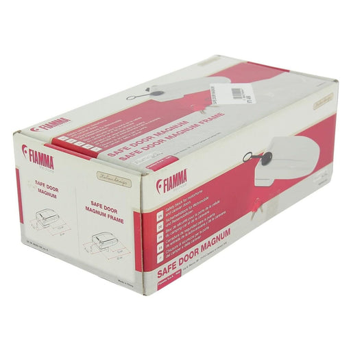 Vista lateral de la caja del Fiamma Safe Door Magnum Frame con especificaciones y medidas