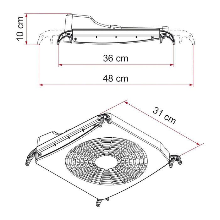 Esquema técnico del ventilador Fiamma Turbo Kit con medidas y dimensiones de instalación