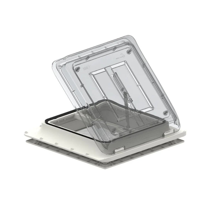 Claraboya Fiamma TurboVent Cristal con tapa abierta y sistema de ventilación