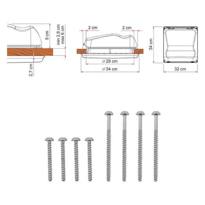 Esquema técnico con dimensiones de instalación de la claraboya Fiamma Vent 28