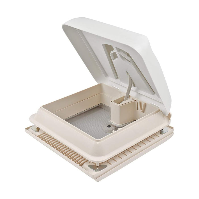 Vista exterior abierta de la claraboya Fiamma Vent 28 blanca instalada en techo