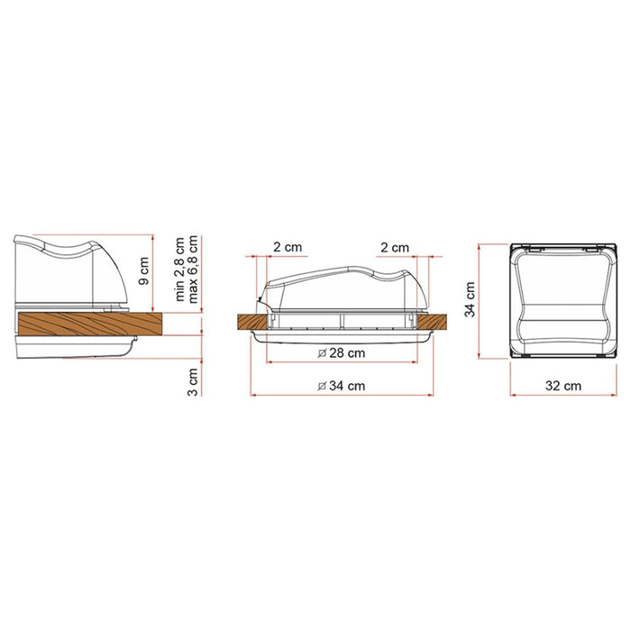 Plano con medidas y dimensiones de instalación de la claraboya Fiamma Vent 28F Cristal 28x28 cm