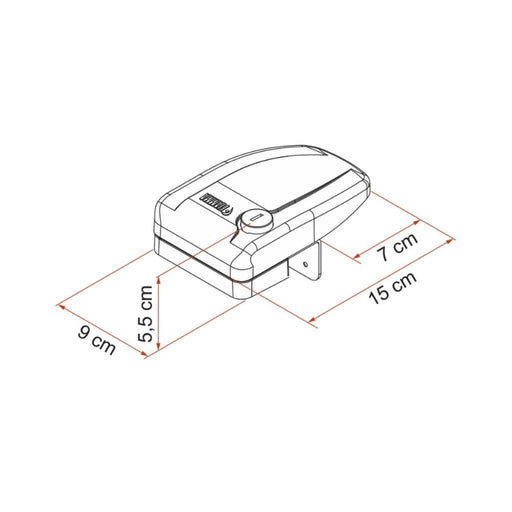 Dibujo técnico del cierre de seguridad Fiamma Safe Door Frame con medidas detalladas.